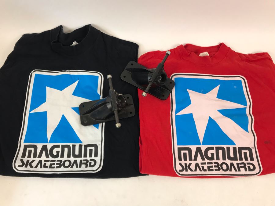Pair Of Vintage Early Magnum Hi Energy Skateboard Trucks And Vintage Magnum Skateboard T-Shirts
