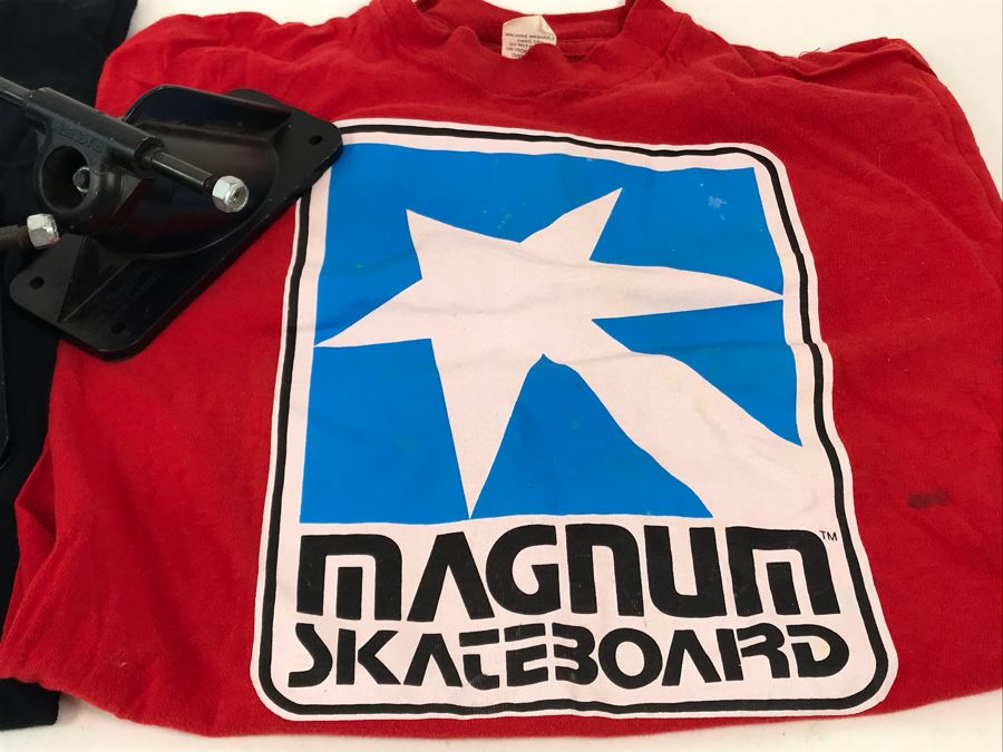 Pair Of Vintage Early Magnum Hi Energy Skateboard Trucks And Vintage Magnum Skateboard T-Shirts [Photo 8]