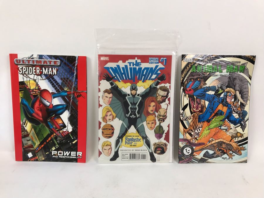 (3) Comic Books: Ultimate Spider-Man Power And Responsibility, The Inhumans #1 And Animal Man