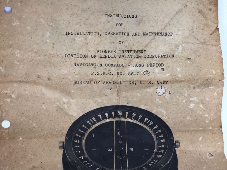 Vintage 1942 WWII Era Bendix Aviation Corporation Pioneer Instrument Navigation Compass - Long Period Bureau Of Aeronautics, U.S. NAVY Aircraft Compass With Wooden Case Box And Manual [Photo 8]
