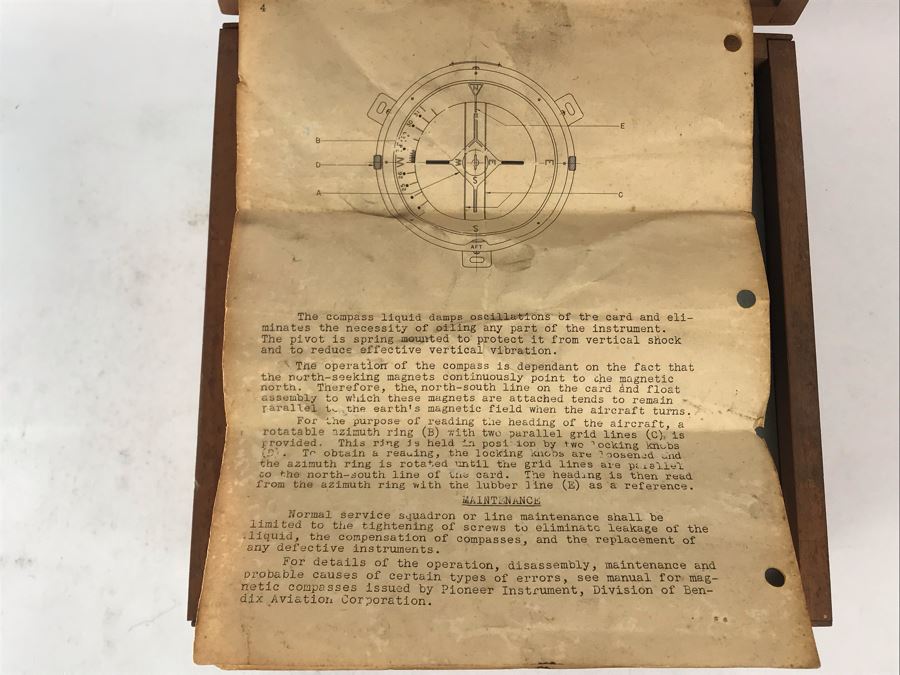 Vintage 1942 WWII Era Bendix Aviation Corporation Pioneer Instrument Navigation Compass - Long Period Bureau Of Aeronautics, U.S. NAVY Aircraft Compass With Wooden Case Box And Manual [Photo 11]