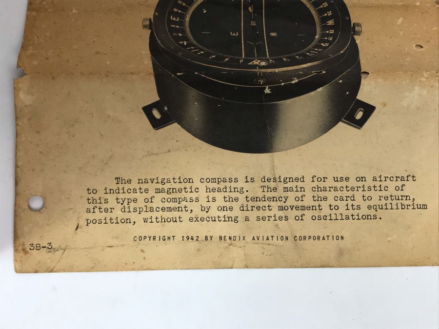 Vintage 1942 WWII Era Bendix Aviation Corporation Pioneer Instrument Navigation Compass - Long Period Bureau Of Aeronautics, U.S. NAVY Aircraft Compass With Wooden Case Box And Manual [Photo 9]