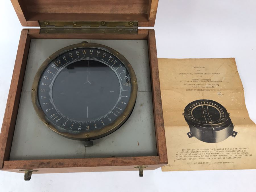Vintage 1942 WWII Era Bendix Aviation Corporation Pioneer Instrument Navigation Compass - Long Period Bureau Of Aeronautics, U.S. NAVY Aircraft Compass With Wooden Case Box And Manual [Photo 1]