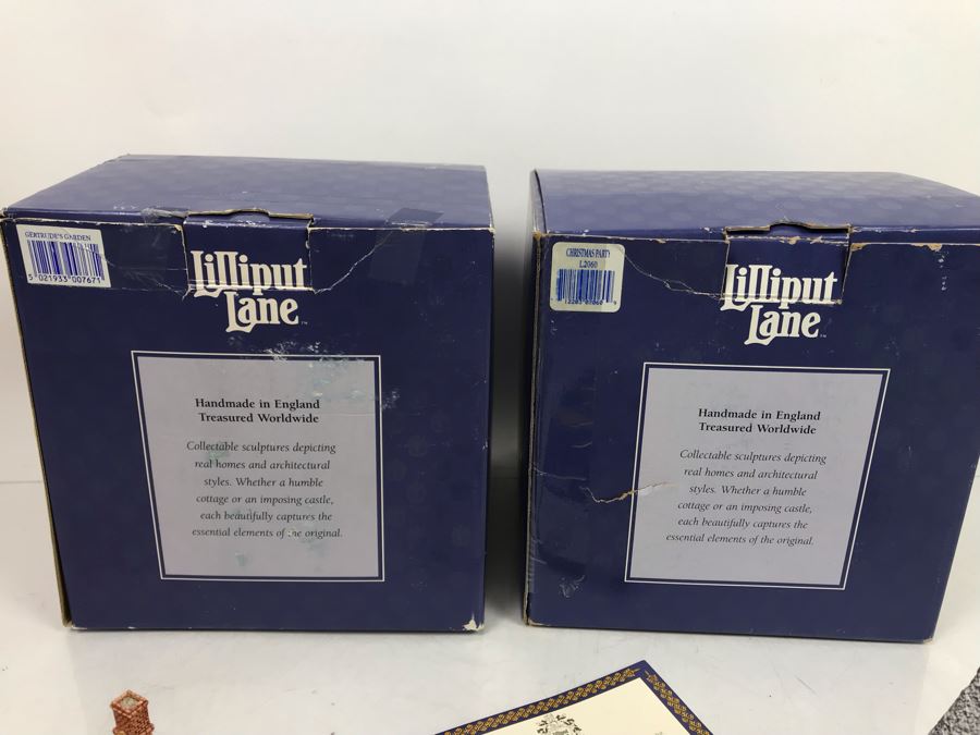 Pair Of Lilliput Lane Cottages 1995 'Gertrude's Garden' Retail $192 And 1997 'Christmas Party' With Boxes [Photo 17]