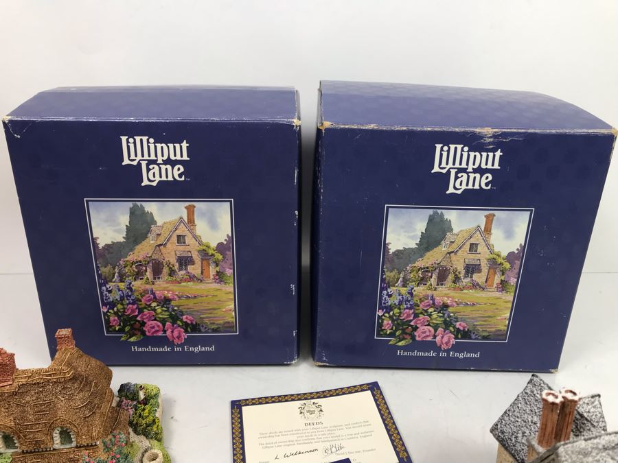 Pair Of Lilliput Lane Cottages 1995 'Gertrude's Garden' Retail $192 And 1997 'Christmas Party' With Boxes [Photo 16]