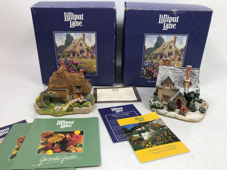 Pair Of Lilliput Lane Cottages 1995 'Gertrude's Garden' Retail $192 And 1997 'Christmas Party' With Boxes [Photo 1]