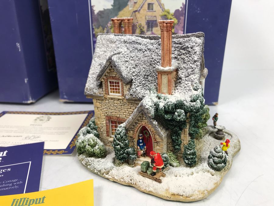 Pair Of Lilliput Lane Cottages 1995 'Gertrude's Garden' Retail $192 And 1997 'Christmas Party' With Boxes [Photo 9]