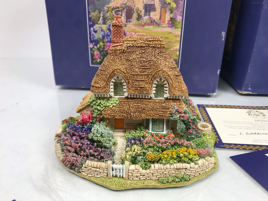 Pair Of Lilliput Lane Cottages 1995 'Gertrude's Garden' Retail $192 And 1997 'Christmas Party' With Boxes [Photo 6]