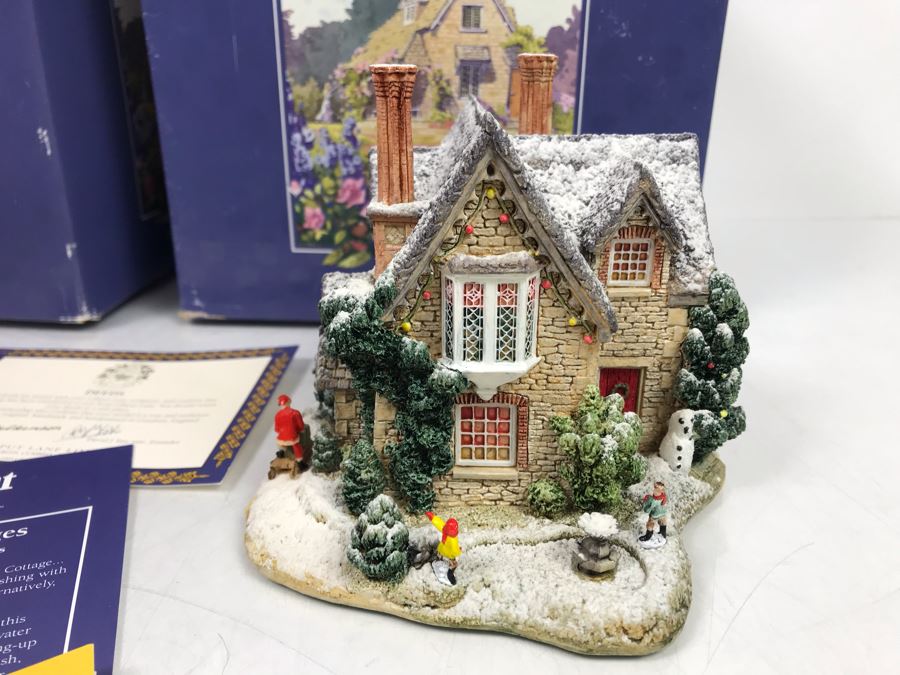 Pair Of Lilliput Lane Cottages 1995 'Gertrude's Garden' Retail $192 And 1997 'Christmas Party' With Boxes [Photo 11]
