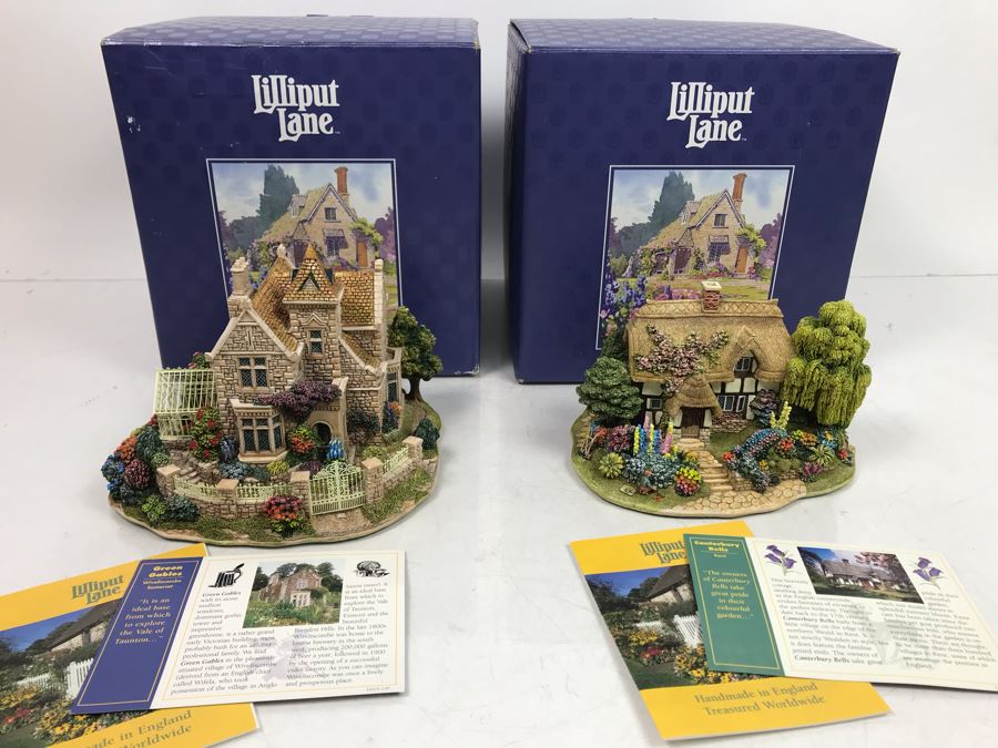 Pair Of Lilliput Lane Cottages 1997 'Green Gables' And 1997 'Canterbury Bells' With Boxes