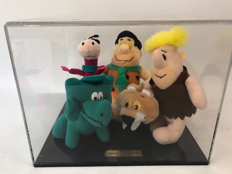 Vintage 1989 Denny's Flintstones Mini Stuffed Toys In Acrylic Display Case