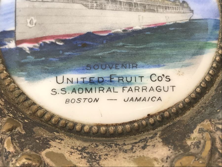 Vintage Paris France O'Hara Dial Co Waltham Mass Silverplate Tray Dish With Ship Painting Titled Souvenir United Fruit Co's S.S. Admiral Farragut Boston - Jamaica 4.25'R [Photo 4]