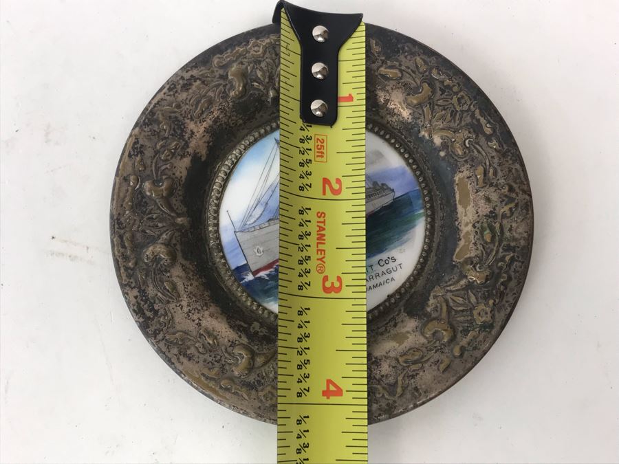 Vintage Paris France O'Hara Dial Co Waltham Mass Silverplate Tray Dish With Ship Painting Titled Souvenir United Fruit Co's S.S. Admiral Farragut Boston - Jamaica 4.25'R [Photo 9]