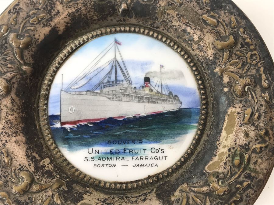 Vintage Paris France O'Hara Dial Co Waltham Mass Silverplate Tray Dish With Ship Painting Titled Souvenir United Fruit Co's S.S. Admiral Farragut Boston - Jamaica 4.25'R [Photo 3]