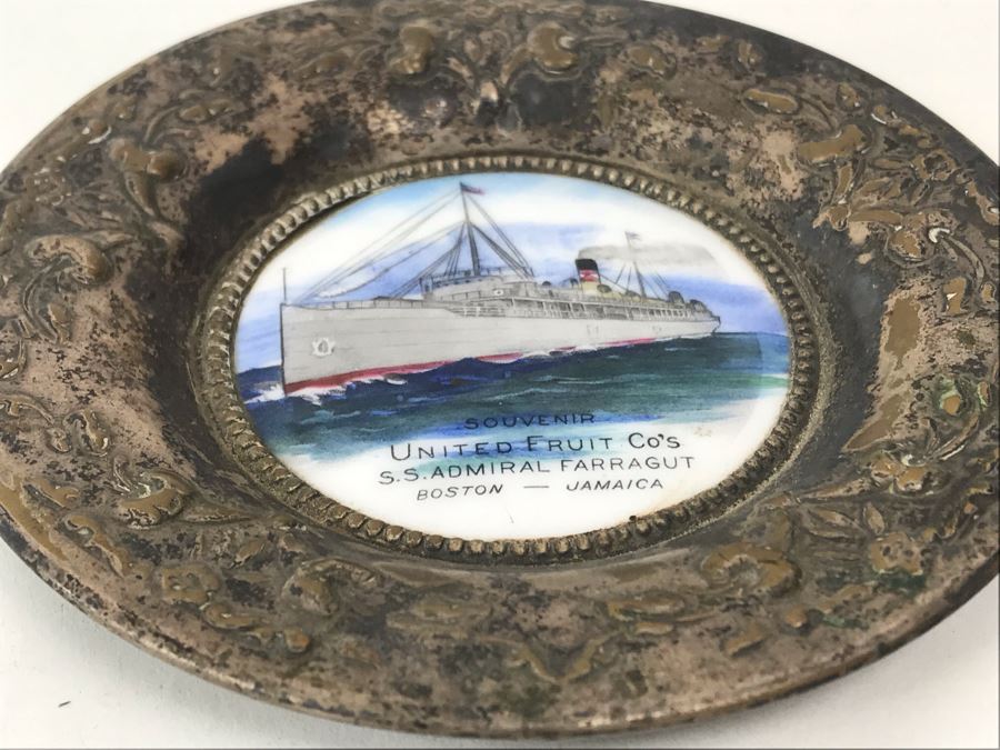 Vintage Paris France O'Hara Dial Co Waltham Mass Silverplate Tray Dish With Ship Painting Titled Souvenir United Fruit Co's S.S. Admiral Farragut Boston - Jamaica 4.25'R [Photo 5]