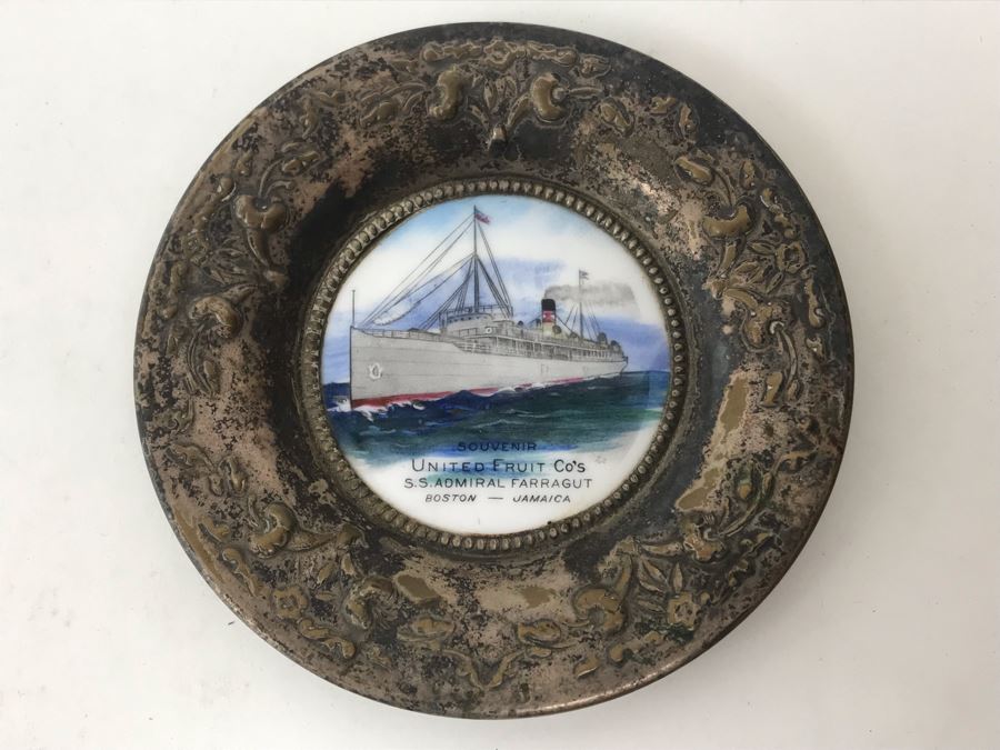 Vintage Paris France O'Hara Dial Co Waltham Mass Silverplate Tray Dish With Ship Painting Titled Souvenir United Fruit Co's S.S. Admiral Farragut Boston - Jamaica 4.25'R [Photo 2]