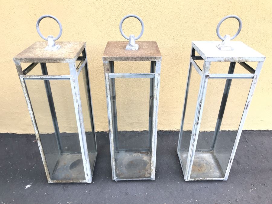 (3) Outdoor Rustic Metal And Glass Lanterns [Photo 3]