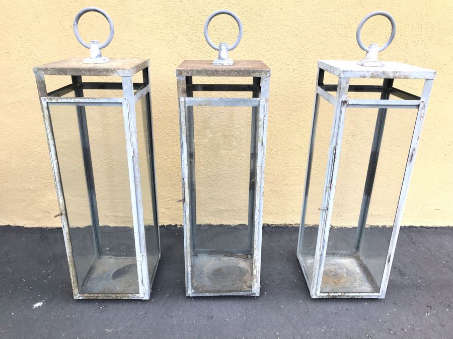 (3) Outdoor Rustic Metal And Glass Lanterns
