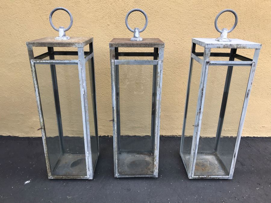 (3) Outdoor Rustic Metal And Glass Lanterns [Photo 2]