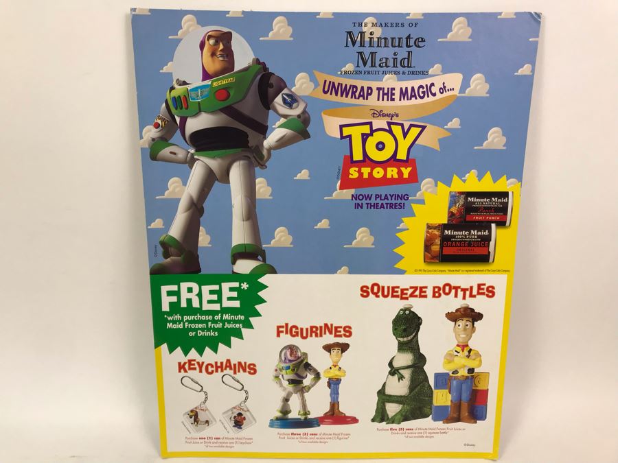 Rare Minute Maid Disney's Toy Story 1 Movie Promotional Toys With In Store Cardboard Poster And One Of Each Product Including Woody Rex Squeeze Bottels, Woody Buzz Lightyear Figurines And Keychains [Photo 7]