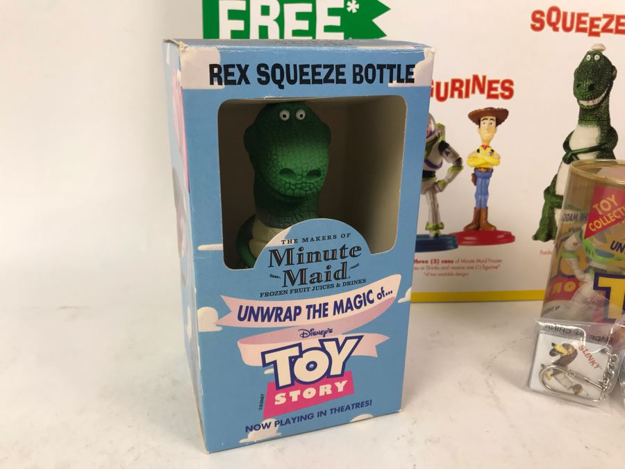 Rare Minute Maid Disney's Toy Story 1 Movie Promotional Toys With In Store Cardboard Poster And One Of Each Product Including Woody Rex Squeeze Bottels, Woody Buzz Lightyear Figurines And Keychains [Photo 6]