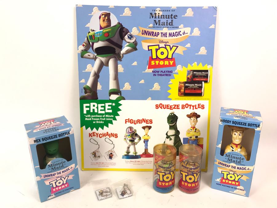 Rare Minute Maid Disney's Toy Story 1 Movie Promotional Toys With In Store Cardboard Poster And One Of Each Product Including Woody Rex Squeeze Bottels, Woody Buzz Lightyear Figurines And Keychains