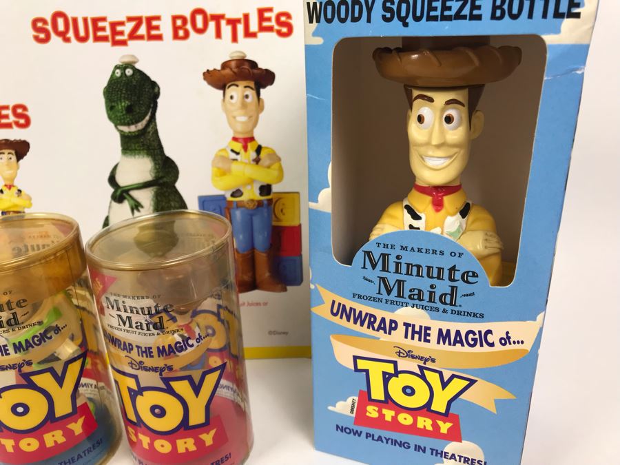 Rare Minute Maid Disney's Toy Story 1 Movie Promotional Toys With In Store Cardboard Poster And One Of Each Product Including Woody Rex Squeeze Bottels, Woody Buzz Lightyear Figurines And Keychains [Photo 4]