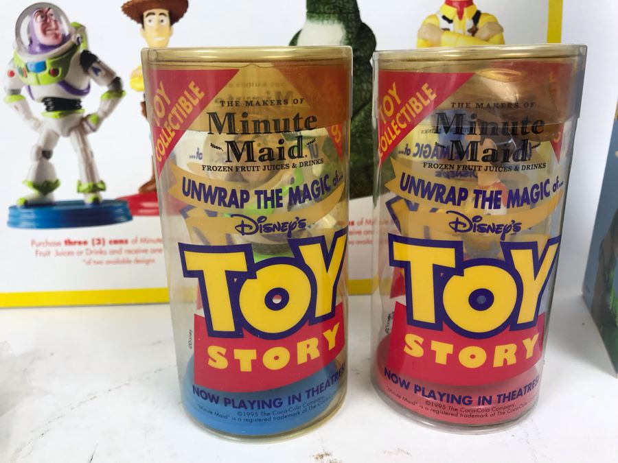 Rare Minute Maid Disney's Toy Story 1 Movie Promotional Toys With In Store Cardboard Poster And One Of Each Product Including Woody Rex Squeeze Bottels, Woody Buzz Lightyear Figurines And Keychains [Photo 3]