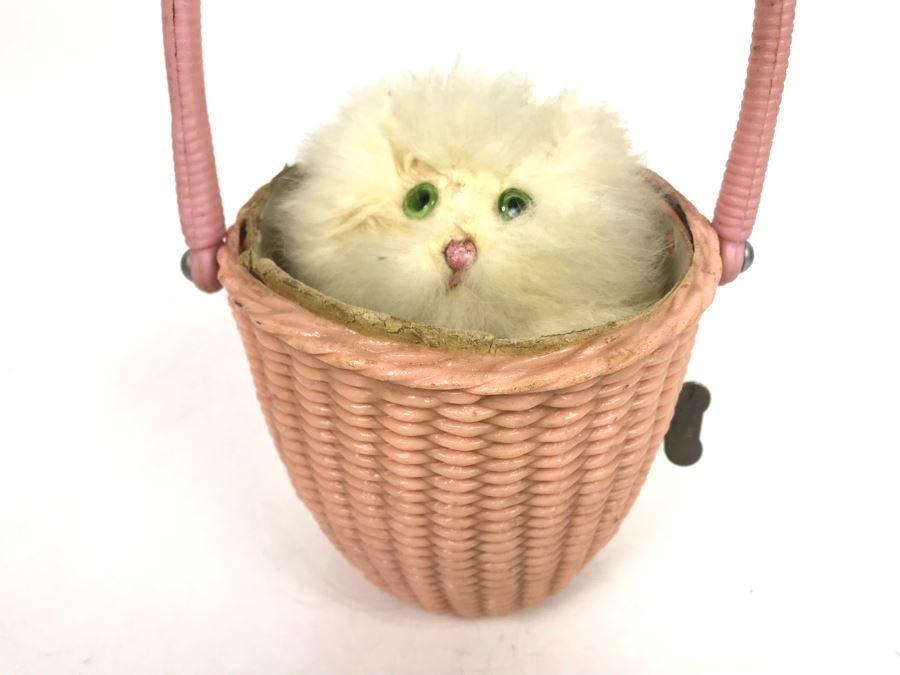 Vintage Working Japanese Mechanical Wind Up Cat In Basket Toy Cat Spins And Goes Up And Down [Photo 2]