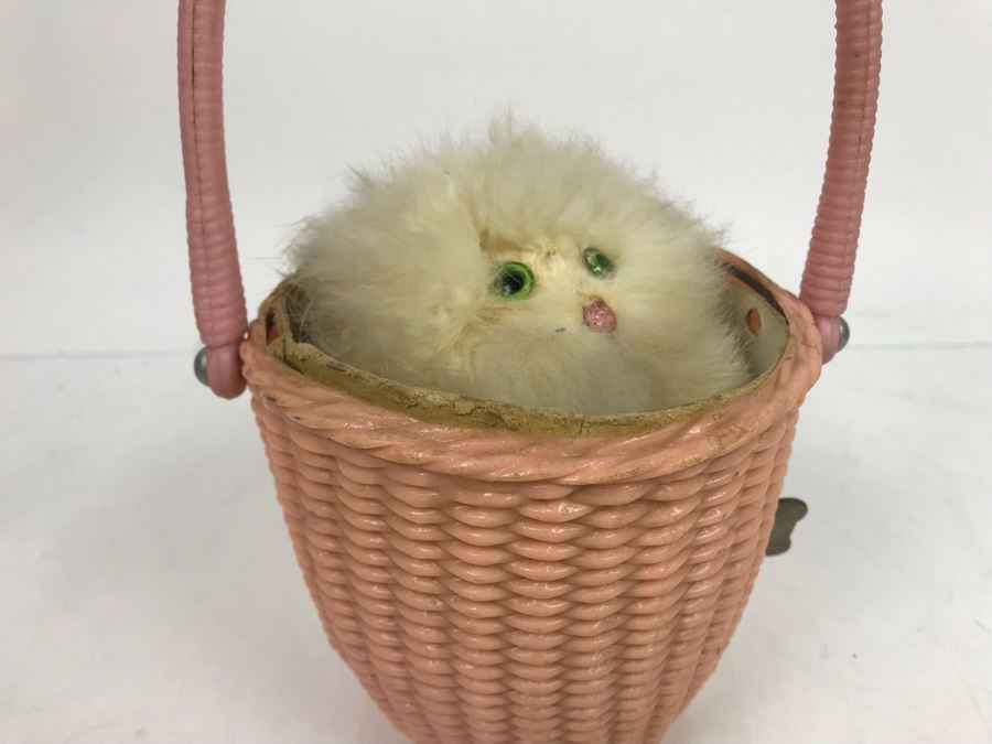 Vintage Working Japanese Mechanical Wind Up Cat In Basket Toy Cat Spins And Goes Up And Down [Photo 7]