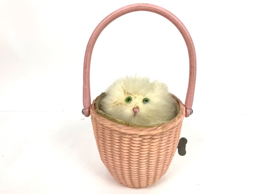 Vintage Working Japanese Mechanical Wind Up Cat In Basket Toy Cat Spins And Goes Up And Down