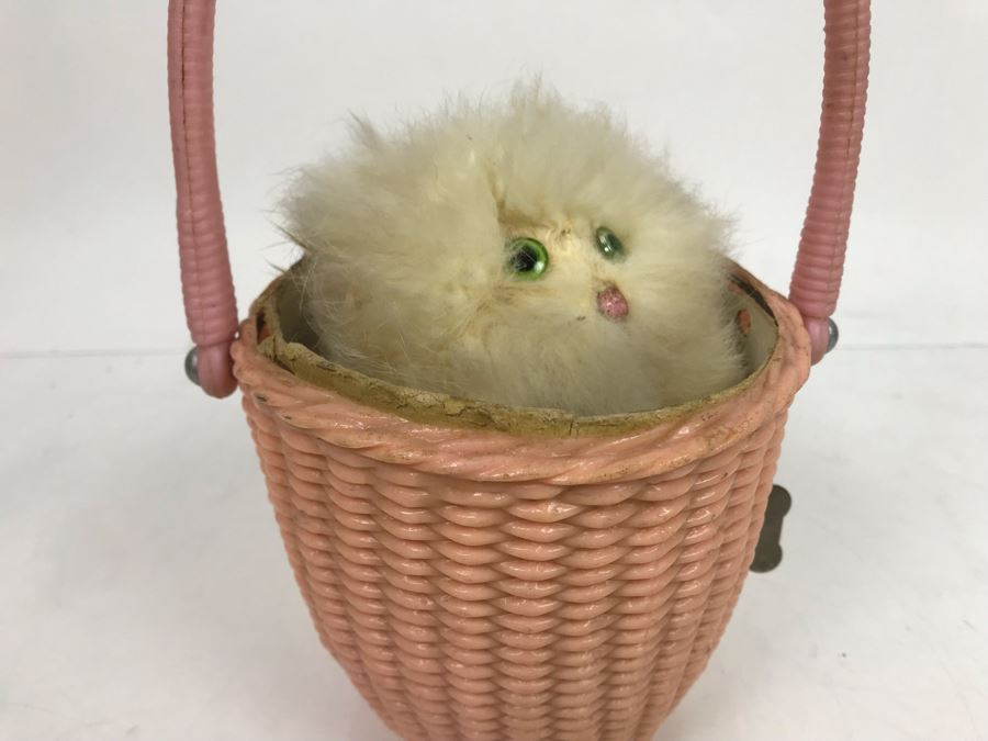 Vintage Working Japanese Mechanical Wind Up Cat In Basket Toy Cat Spins And Goes Up And Down [Photo 6]