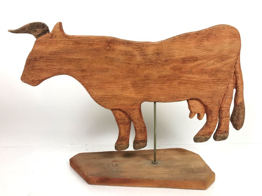 Carved Wooden Bull Sculpture With Stand 13'H X 18'W