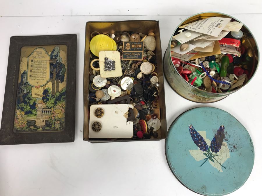 Pair Of Vintage Tins Filled With Vintage Sewing Supplies