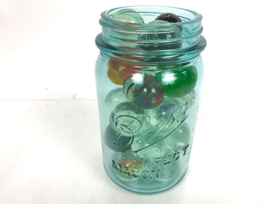 Mason Jar Filled With Old Glass Marbles