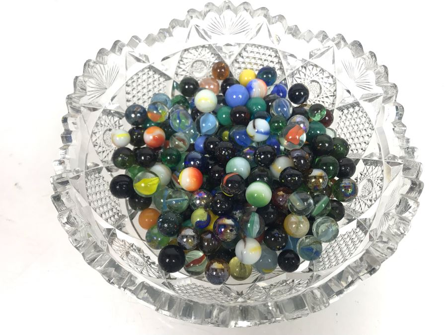 Cut Crystal Bowl Filled With Vintage Glass Marbles [Photo 1]
