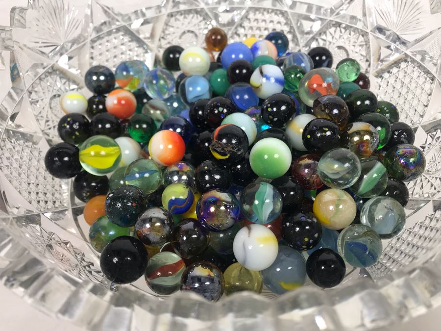 Cut Crystal Bowl Filled With Vintage Glass Marbles [Photo 2]