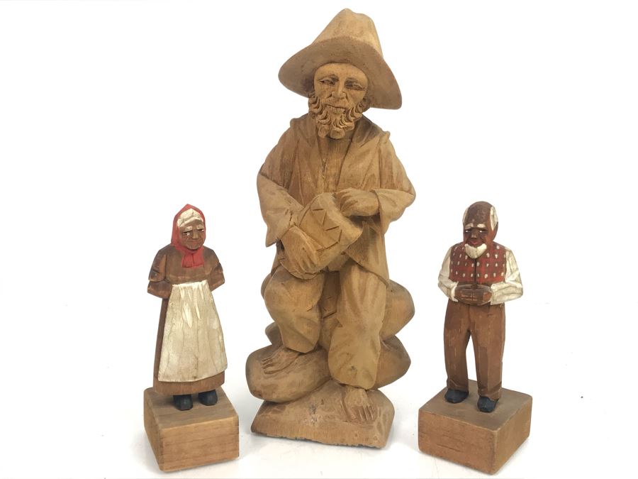 Set Of (3) Vintage Carved Wooden Figures - Middle Figure Is 7.5'H