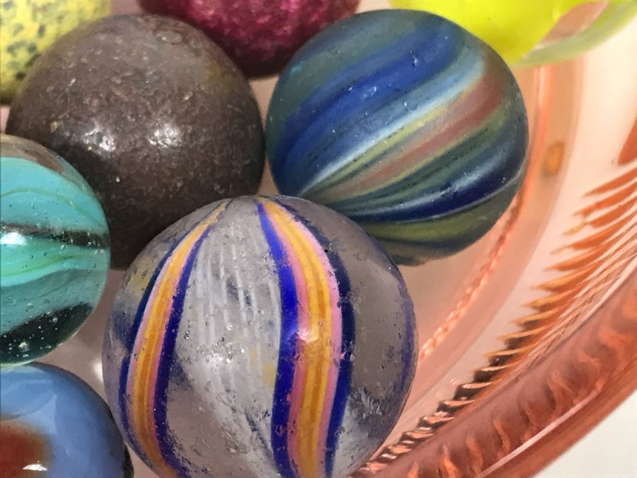 Vintage Clay And Glass Marbles In Pink Depression Glass Lidded Bowl [Photo 7]