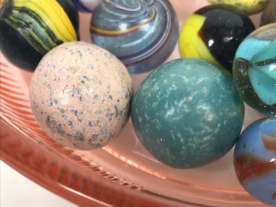 Vintage Clay And Glass Marbles In Pink Depression Glass Lidded Bowl [Photo 4]