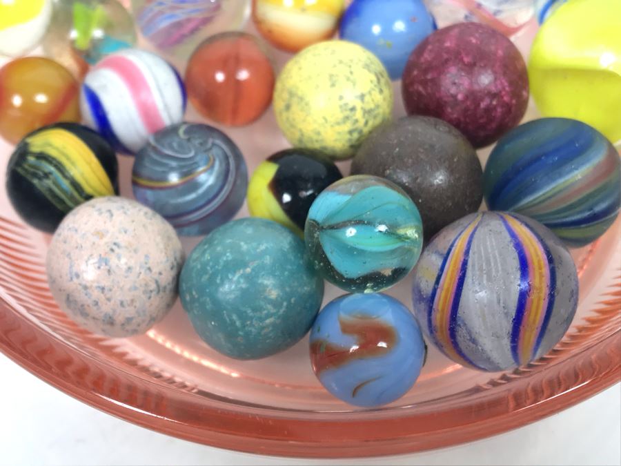 Vintage Clay And Glass Marbles In Pink Depression Glass Lidded Bowl [Photo 3]