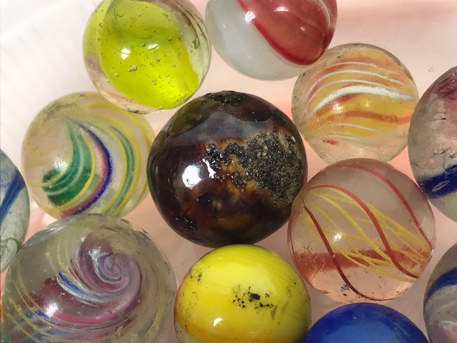 Vintage Clay And Glass Marbles In Pink Depression Glass Lidded Bowl [Photo 11]