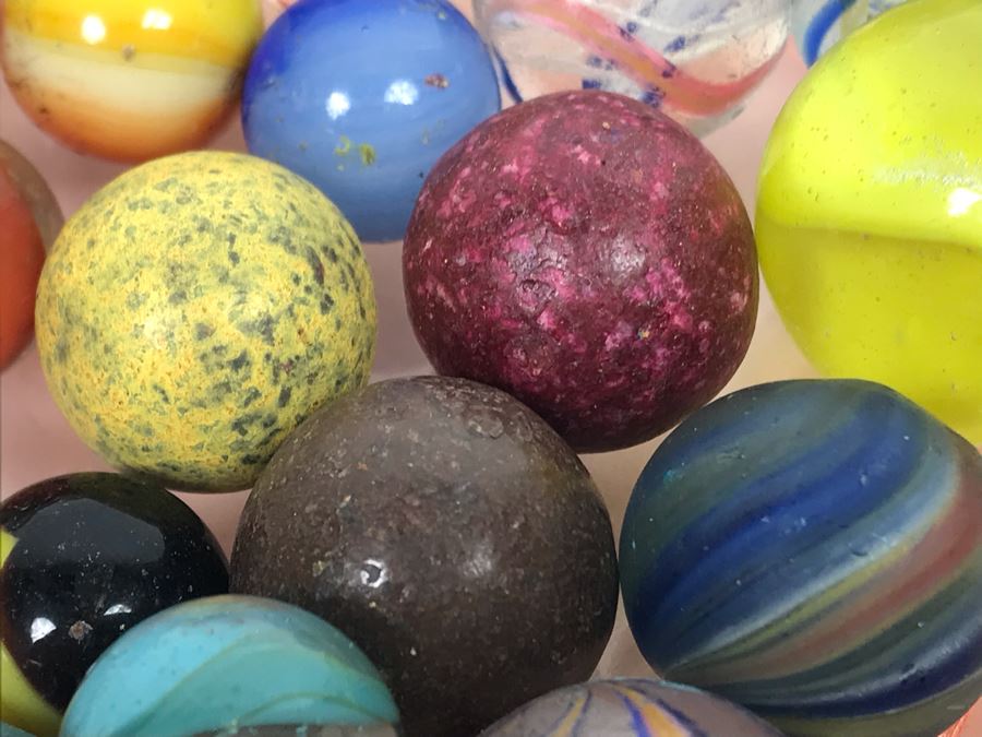 Vintage Clay And Glass Marbles In Pink Depression Glass Lidded Bowl [Photo 6]