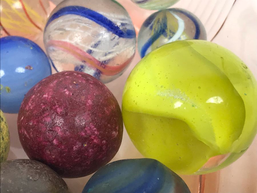 Vintage Clay And Glass Marbles In Pink Depression Glass Lidded Bowl [Photo 8]