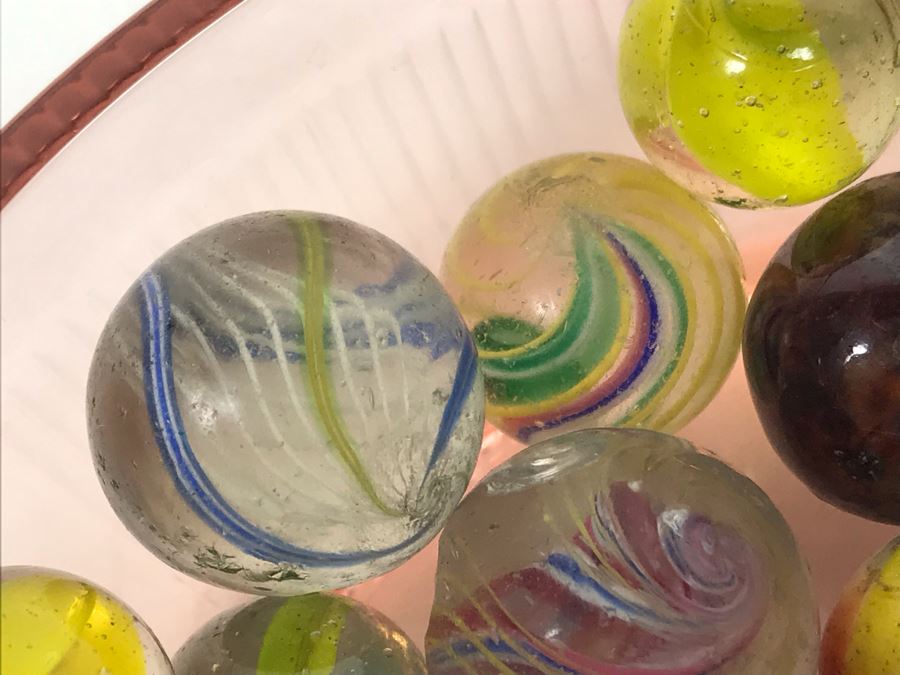 Vintage Clay And Glass Marbles In Pink Depression Glass Lidded Bowl [Photo 13]