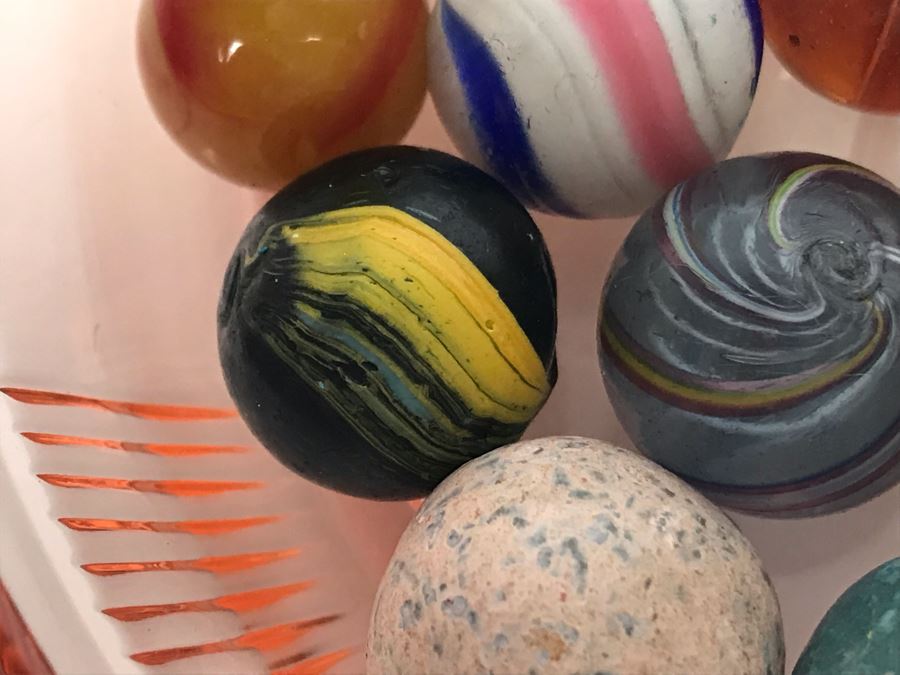 Vintage Clay And Glass Marbles In Pink Depression Glass Lidded Bowl [Photo 17]