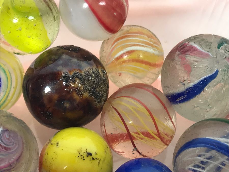 Vintage Clay And Glass Marbles In Pink Depression Glass Lidded Bowl [Photo 10]