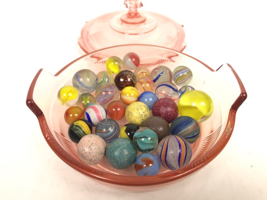 Vintage Clay And Glass Marbles In Pink Depression Glass Lidded Bowl [Photo 2]