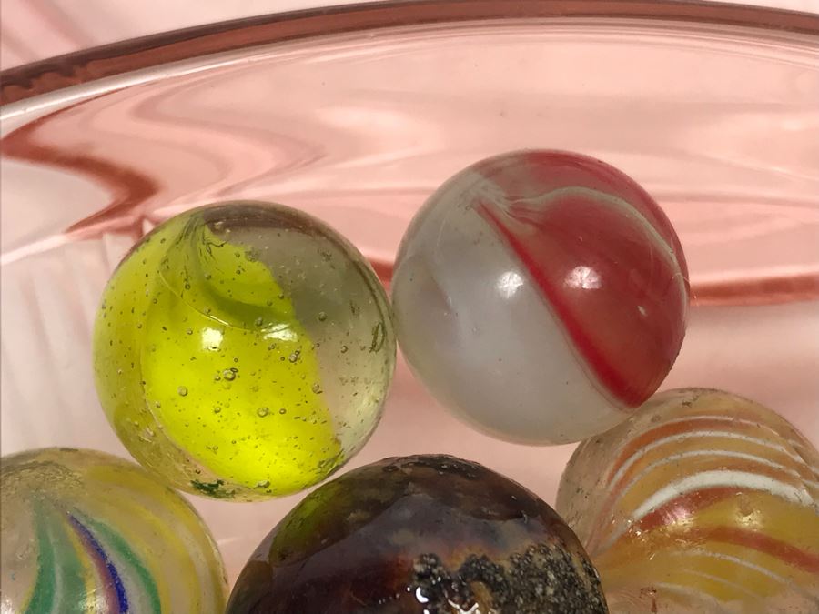 Vintage Clay And Glass Marbles In Pink Depression Glass Lidded Bowl [Photo 14]