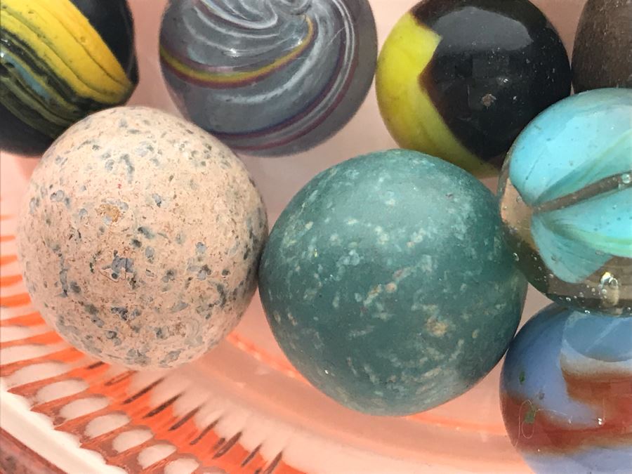 Vintage Clay And Glass Marbles In Pink Depression Glass Lidded Bowl [Photo 18]